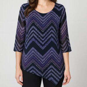 AB Studio Womens M Blouse Black Blue Chevron Stripe 3/4 Sleeve Polyester